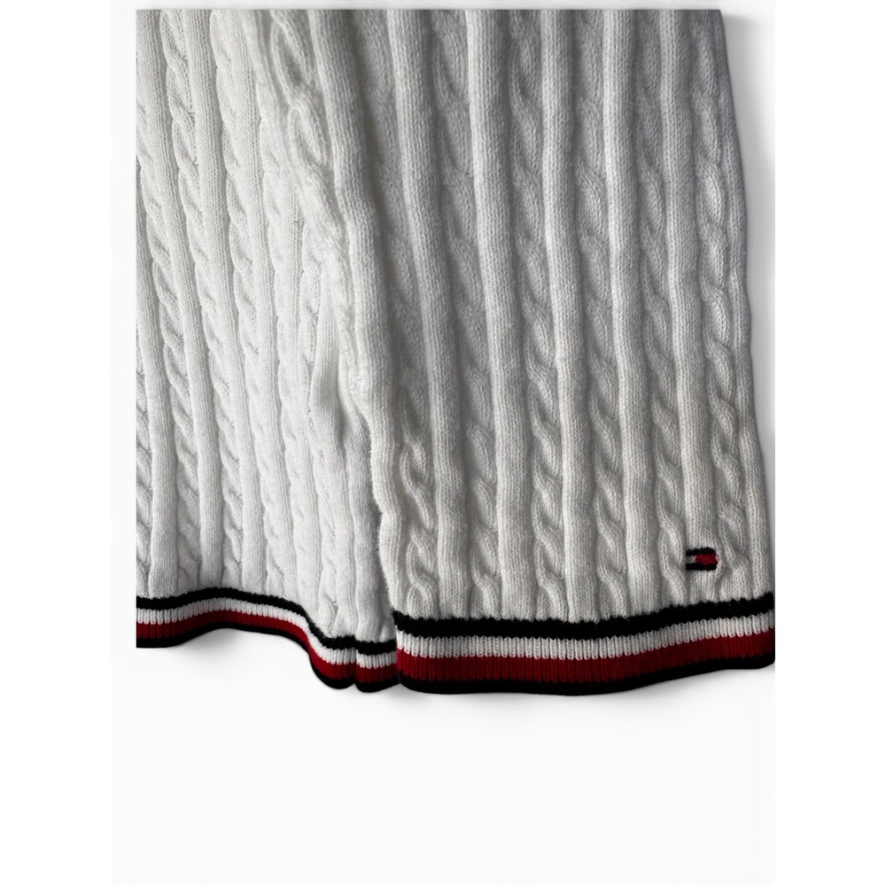 White Cable Knit V-Neck Cotton Sweater Striped Trim Tommy Hilfiger XL Preppy - Picture 3 of 7